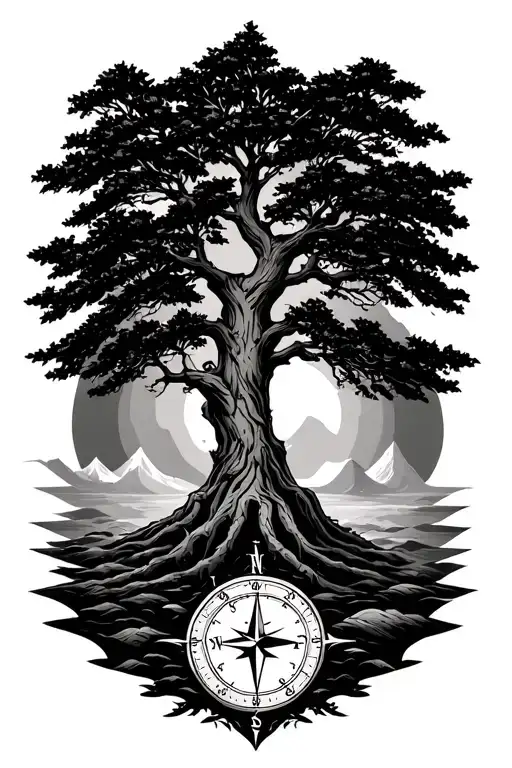 Tree And Compass And Time And Motivated Traveling Lone