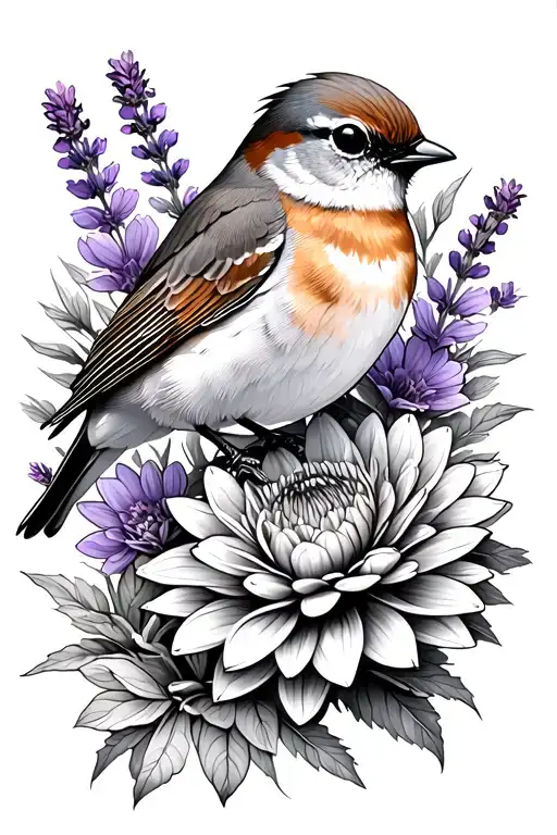 Tit And Robin Birds With Dahlia Lavender Around