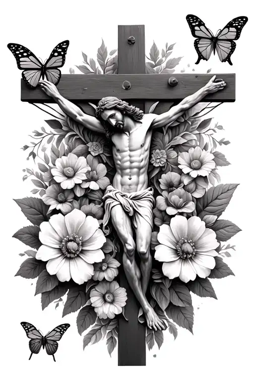 Jesus Crucifixion With Butterflies And Flowers Intertwined