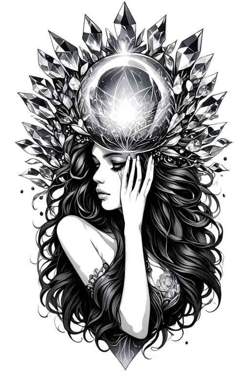 Female With Crystals Above Her Head Holding A Orb Symbolizing Power