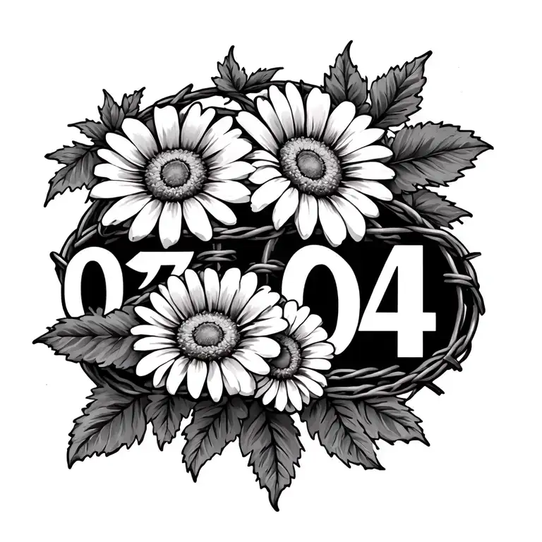 Country Style Spine Tattoo With Barbwire And Daisies With The Numbers 03 04 In Vines