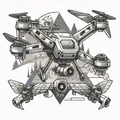 A Cyber Security Themed Tattoo Featuring A Flying Drone In A Camping Setting