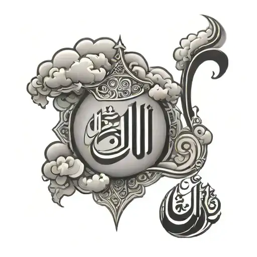 Allah Child In Arabic Caligraphy With Clouds Surrounding