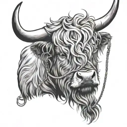 Highland Cow Face With Lasso On Horns Loosely Wrapped