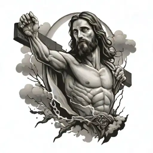 Jesus With The Cross With Clouds And Lightning In The Background