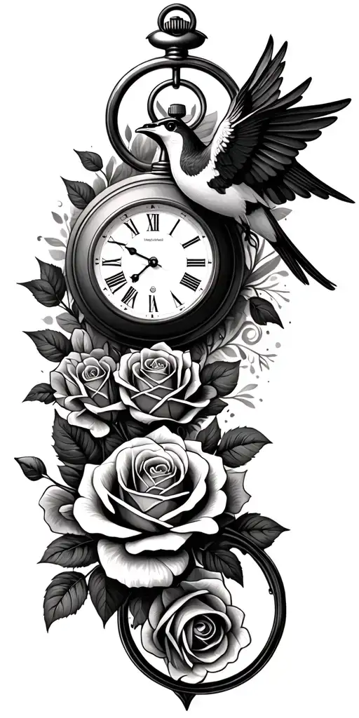 Pocket Watch Roses Steampunk Shaded Background And A Swallow Bird