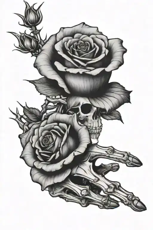 Rose Flower On Hand With 2 Skeleton Fingers Coming Out On The Right Side