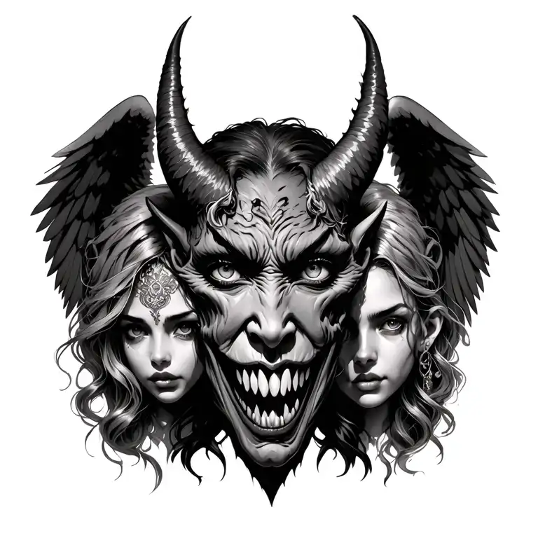 Demon Face With Good Girl Demon And Bad Angel