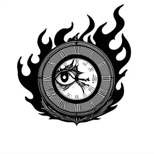 Styled Clock Roman Number Inside Flame And A Eye In The Middle