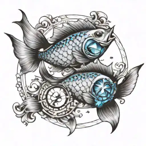 Pisces 2 Fishes With A Sun And Moon And A Blue Gem Stone