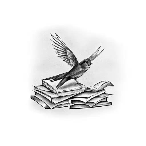 A Black-grey Tattoo Of A Bird Singing Melodiously While Perched On A Stack Of Books