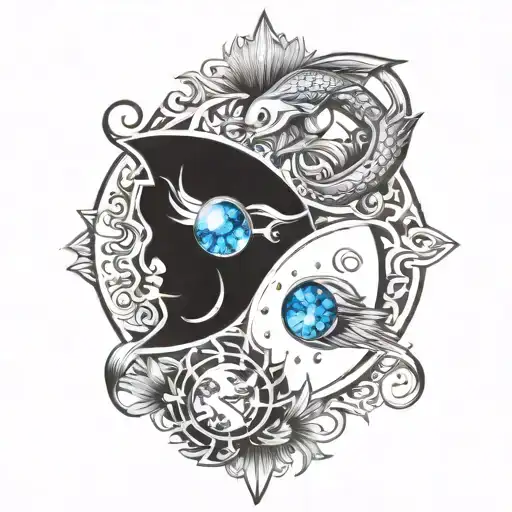 Pisces With A Sun And Moon And A Blue Gem Stone