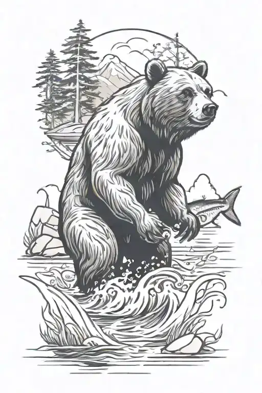 Nature Scene With A Bear Catching A Fish By A River
