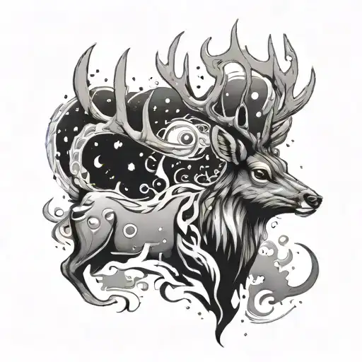 A Deer With Galaxy Antlers Intertwined With Flames