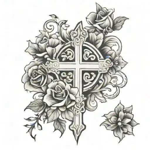 Catholic Cross Tattoo With Flowers Intertwined