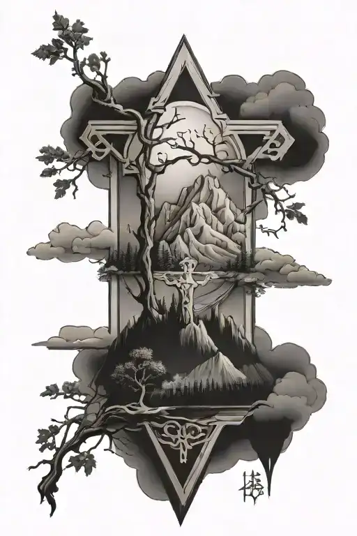 Mountain Range With Trees And Overlooking A Cross Surrounded