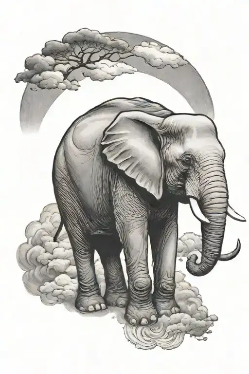 Elephant With A Full Moon With Cloud