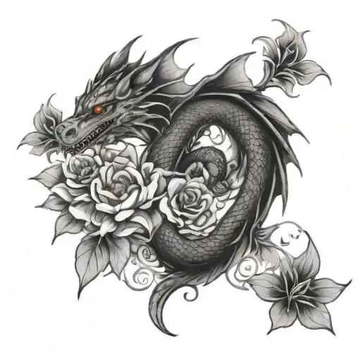 Flowers And Dragon Across The Shoulder Blade