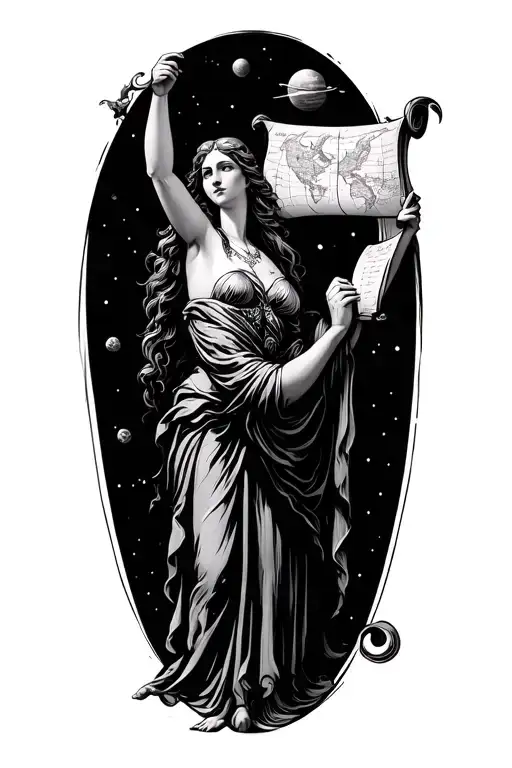 Mythical Female God Holding Vintage Scroll Map From Space