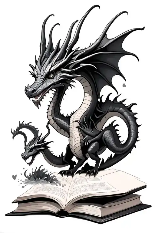 Simple Feminine Adult Dragon With A Baby Dragon Flying Out Of A Book