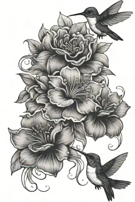 Large Flowers And Hummingbird