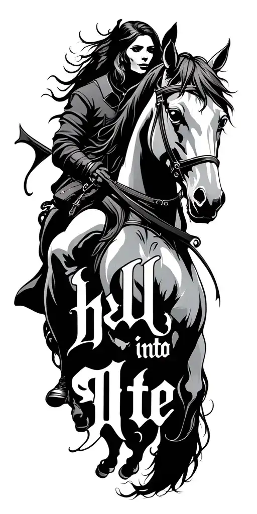 Gothic Lettering Into Hell Horse And Rider