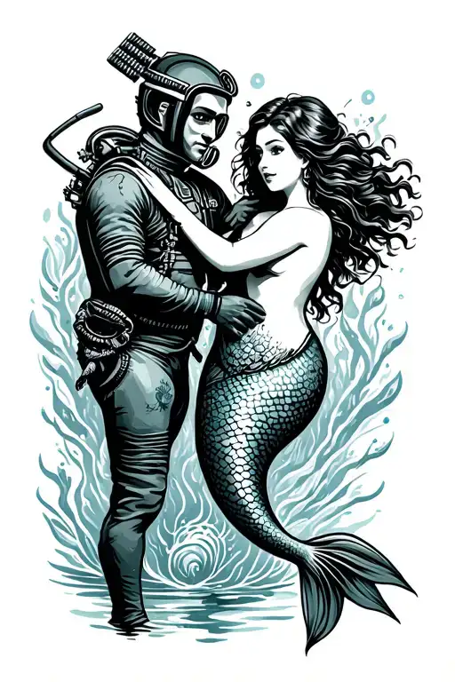 Old School Diver And Mermaid Holding