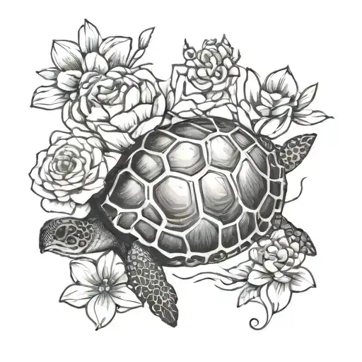 Small Fine Line Turtle That Has A Science Beaker On Its Back With Flowers In It
