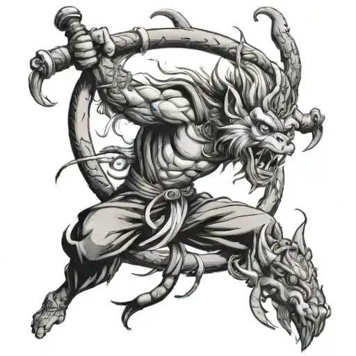 The Monkey King Sits On A Stick And There Is A Dragon Around The Stick