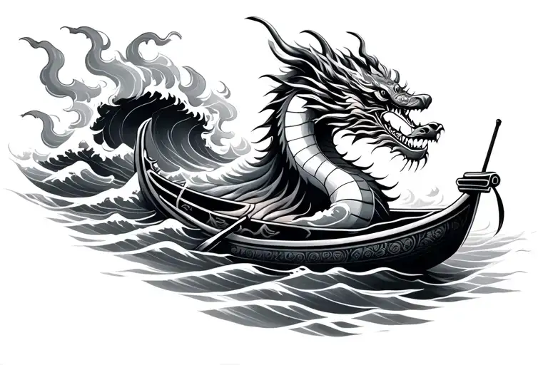 Burning Dragon Boat In Waves