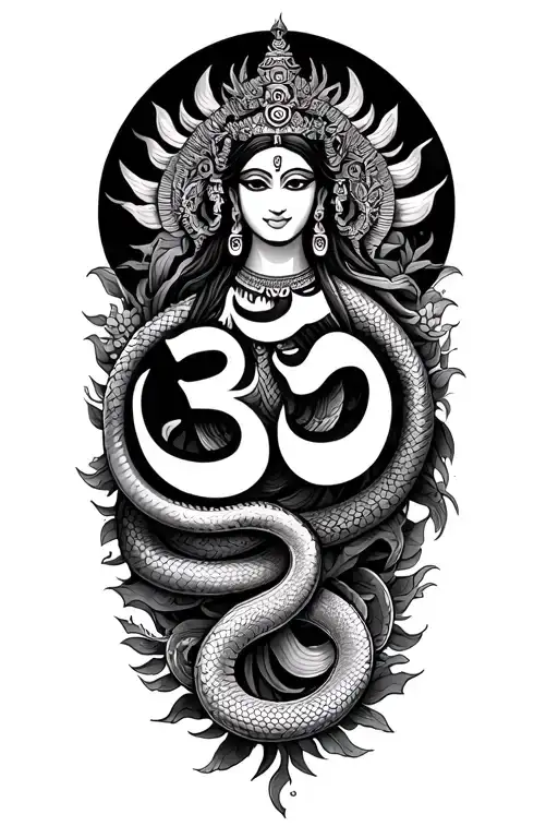 Om Symbol Intertwined With Goddess And Snakes
