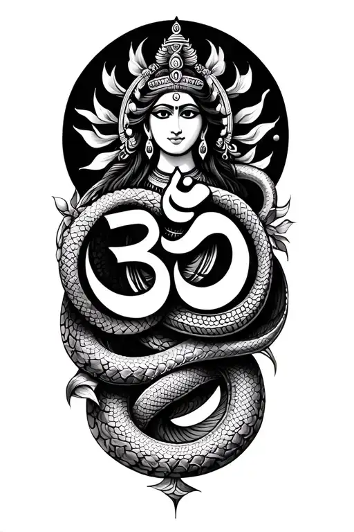 Om Symbol Intertwined With Goddess And Snakes