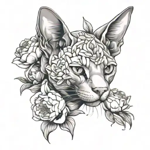Sphynx Cat With Peonies Line Graphics