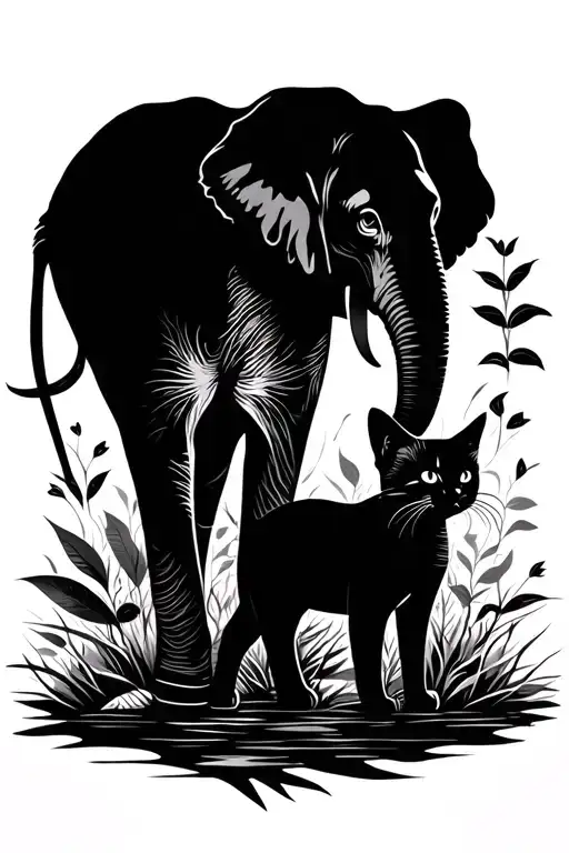 Elephant And A Cat Silhouette