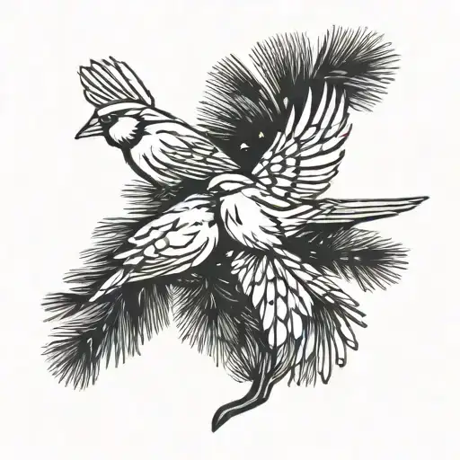 Pine Trees On Forearm With Little Cardinals Flying Through