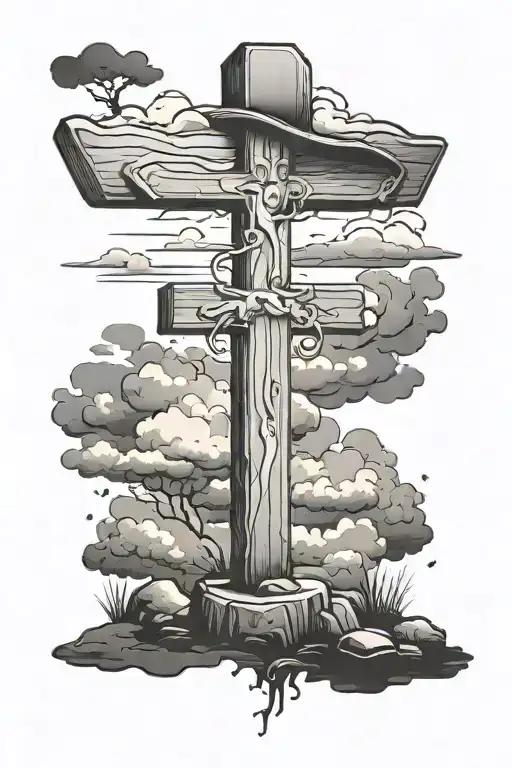 Wooden Cross Tomb In The Ground With A Cowboy Hat On It With Clouds In The Background