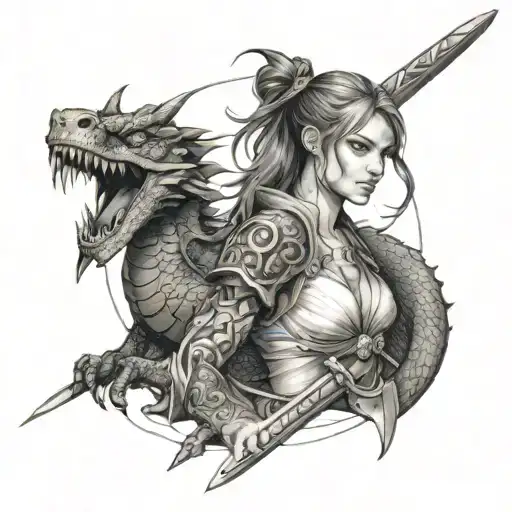 Valkeyre Girl With A Sword And A Dragon