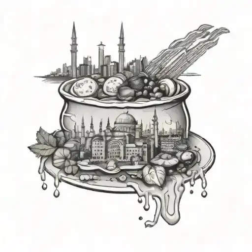 Design A Tattoo Of A Plate Of Delicious Food With Istanbul Skyline In The Background
