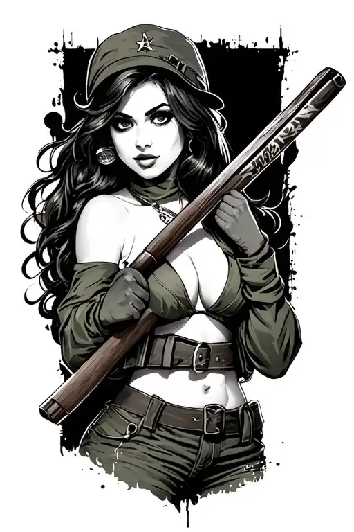 Army Pin-up Girl Holding Long Stick