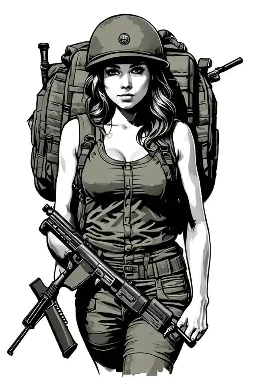 Army Pin-up Girl With Backpack And Rifle