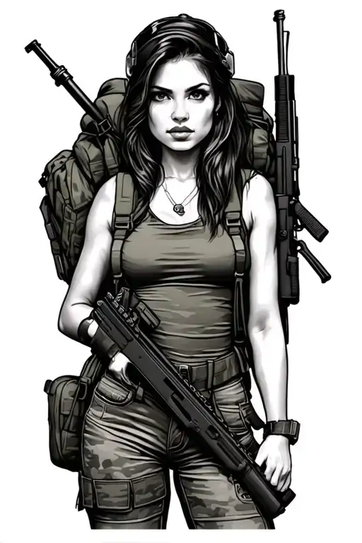 Army Pin-up Girl With Backpack And Rifle
