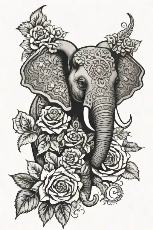 Elephant Head With Roses And Mandala Above The Head