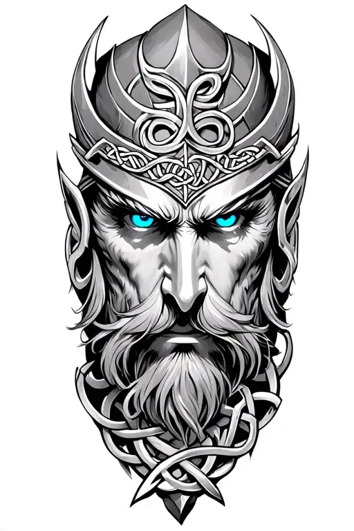 Odin With Blue Eyes On Armor Tattoo Design Featuring Celtic Trinity Knot