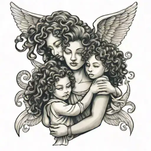 Goddess Mom Holding And Protecting 2 Little Girls With Curly Hair