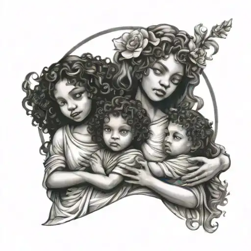 Goddess Woman Holding And Protecting 2 Little Girls With Curly Hair