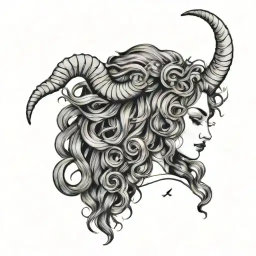 Capricorn Women Sea Goat Horns With Long Curly Hair Surrounded