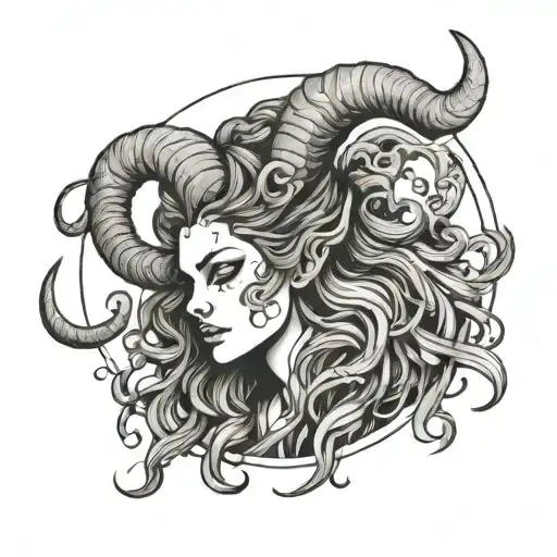 Capricorn Women Sea Goat Horns With Long Curly Hair Surrounded Full Body