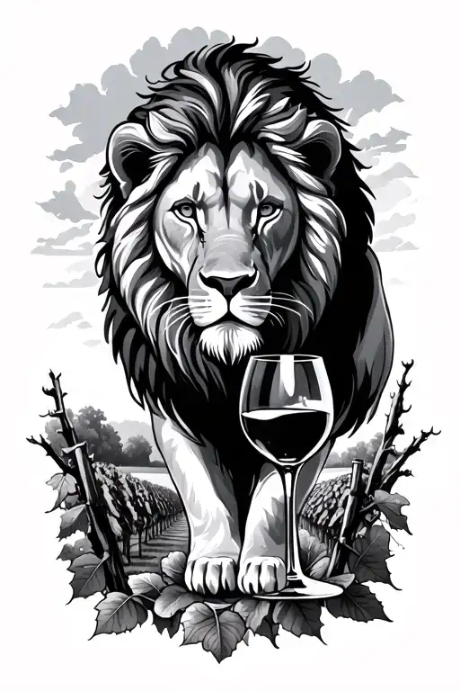 Lion Within A Wine Vineyard Landscape With A Glass