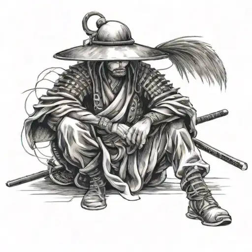 Samurai Wanderer Sitting Wearing Realistic Hat
