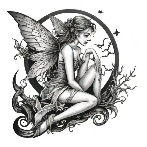 Fairy Sitting Looking At Moon Surrounded